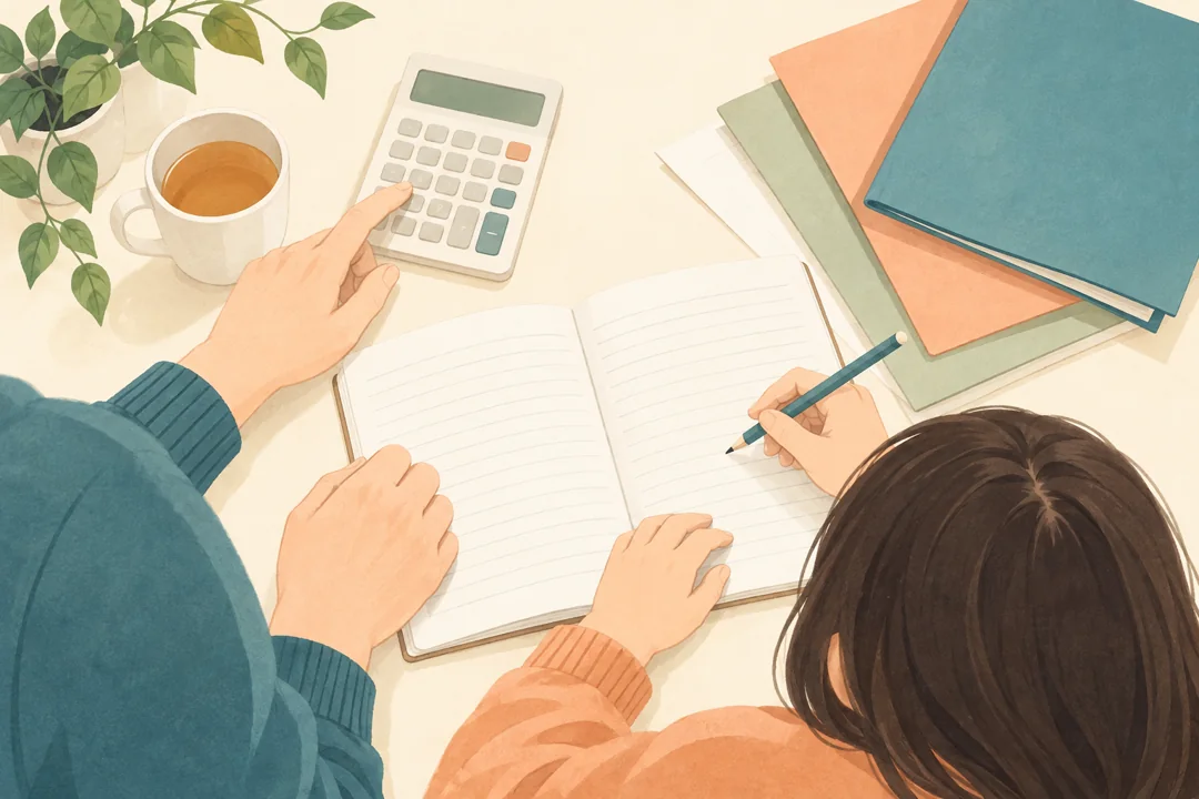 学習ノートと電卓を囲み、家庭学習と費用を一緒に考える親子のイメージイラスト
